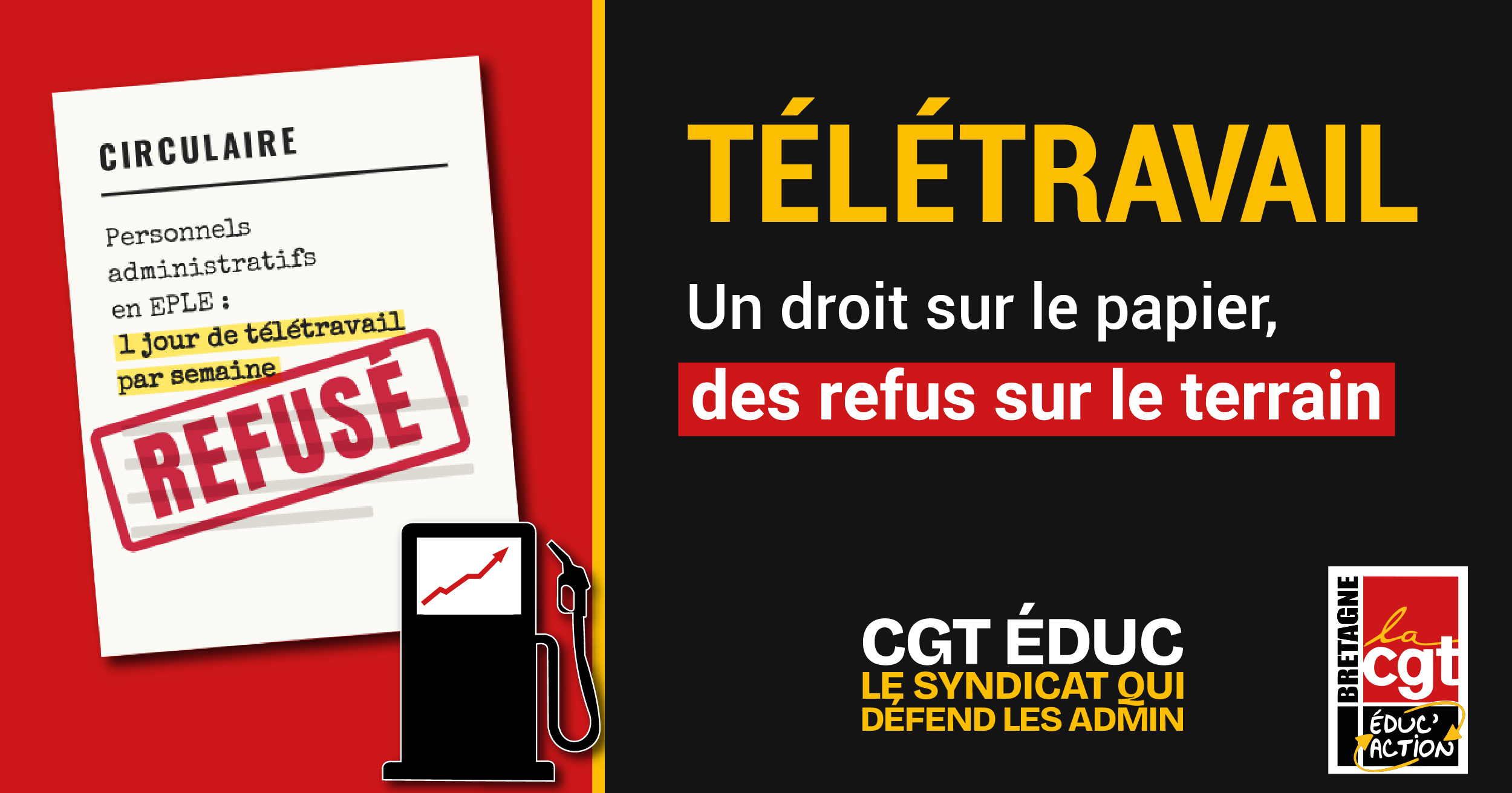 Visuel CGT Éduc'action Bretagne : télétravail des personnels administratifs, un droit refusé sur le terrain